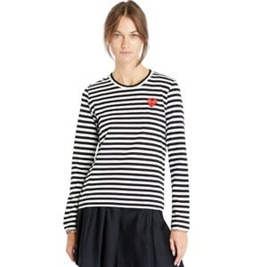 Comme des Garcons PLAY Black & White Striped Long Sleeve Tee with Red Heart